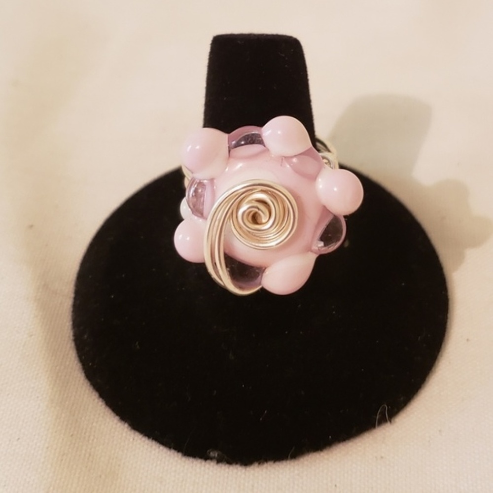 Pink and Silver Molded Plastic Flower Ring